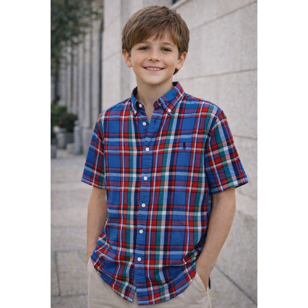 Ralph Lauren Boys Blue Red Plaid Short Sleeve Button Down Shirt Large 14-16